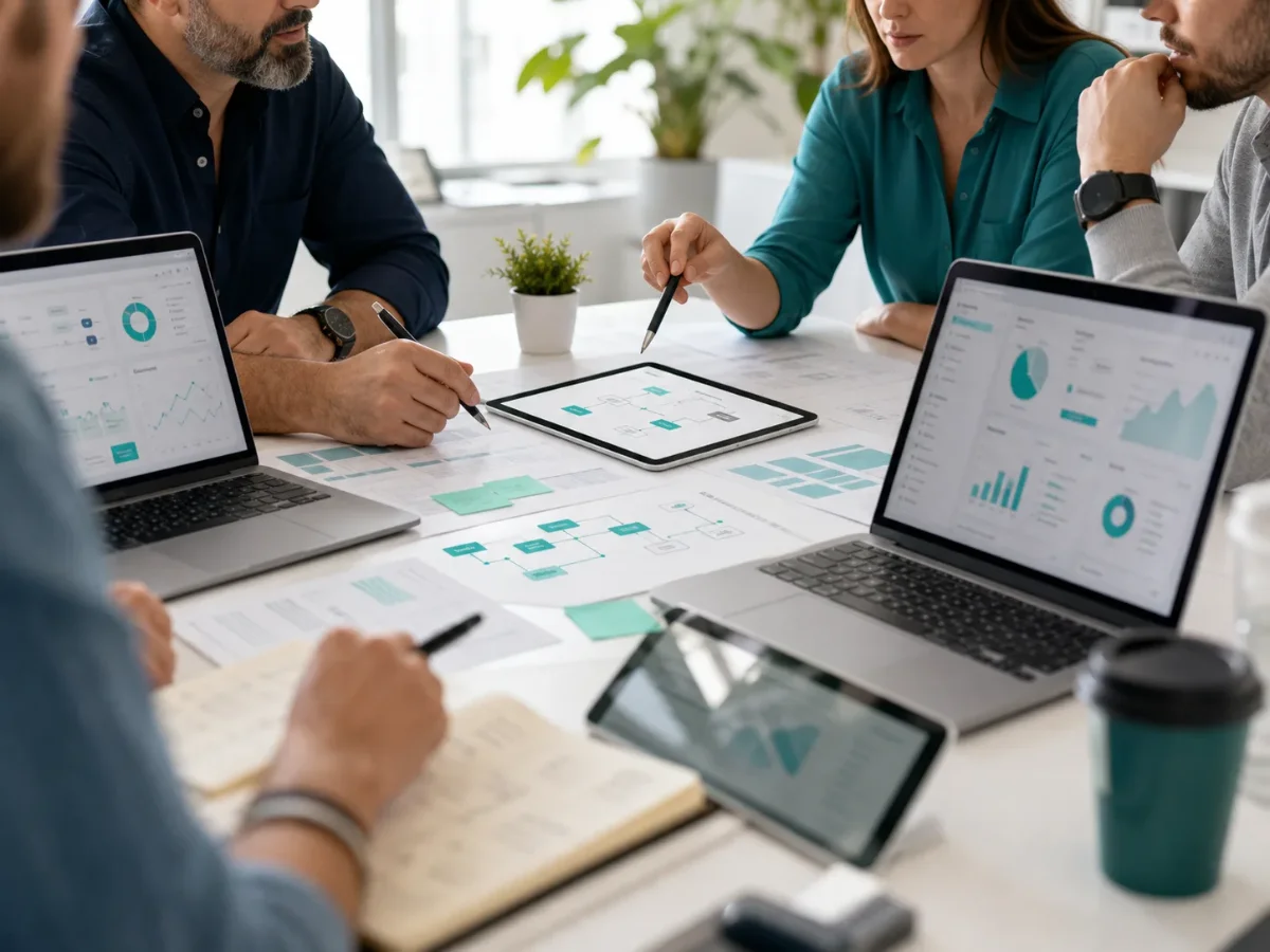Reunión de trabajo colaborativo con tecnología y datos